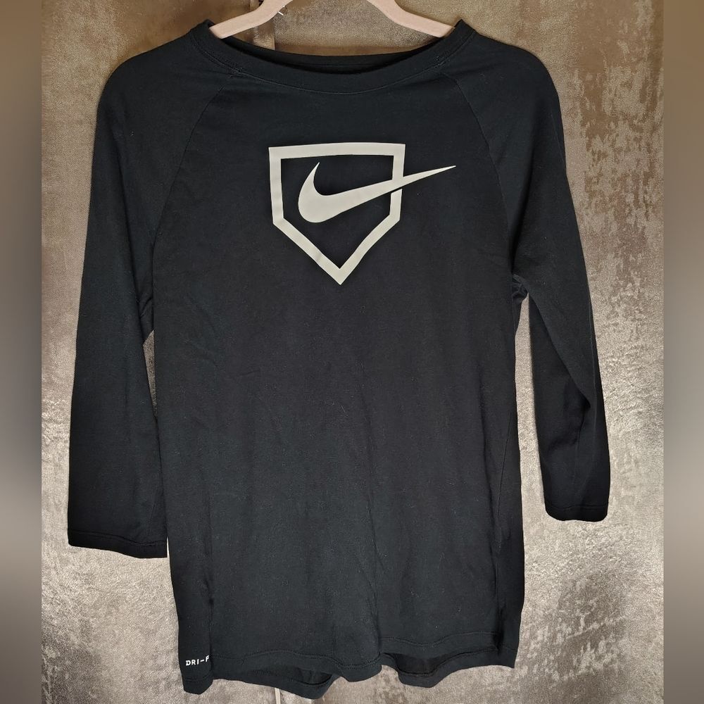 Nike Kids Black Long Sleeve Tee with Home Plate Nike Swoosh Logo
